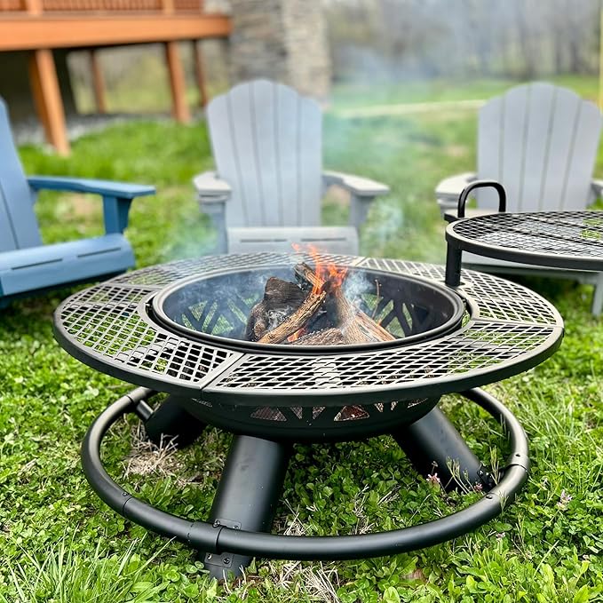 Red Mountain Valley 47" Outdoor Fire Pit with Adjustable Grill, 2-in-1 Metal Outdoor Fireplaces, Large Patio Wood Burning Fire Pits for Outside, Ideal for Backyard, Patio, Party-VerdiqueGarden