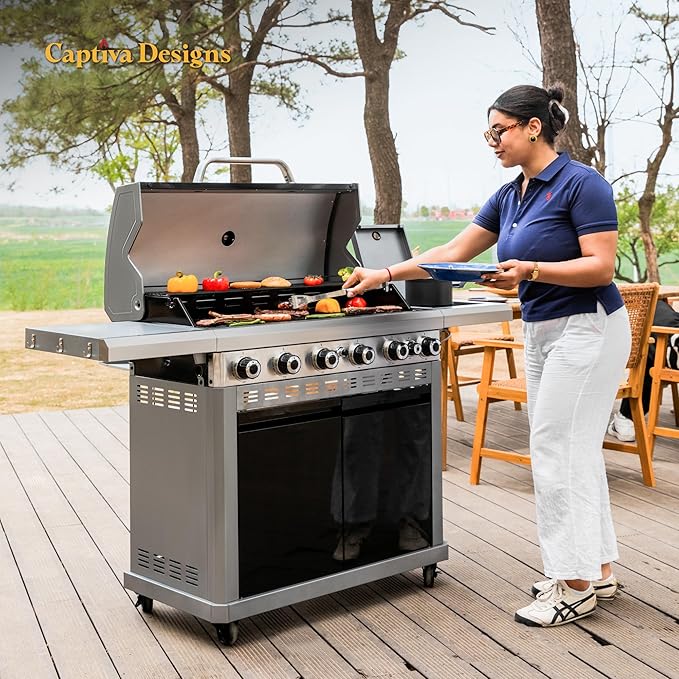 Captiva Designs 6-Burner Propane Gas BBQ Grill with Side Burner & Porcelain-Enameled Cast Iron Grate and Plate for Outdoor Barbucue Events, 52,000 BTU Output,740 SQ.IN. Cooking Area，Heavy Duty-VerdiqueGarden