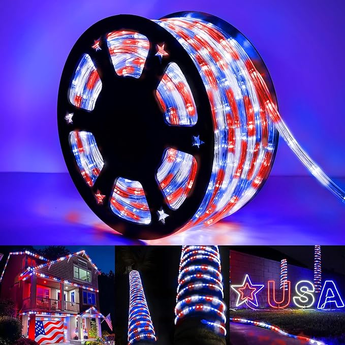 50ft LED Rope Lights Outdoor,360 LED Connectable & Flexible Tube Lights with 8 Modes, Waterproof LED Rope Lighting for Independence Flag Day, Memorial Day, Outdoor,Indoor Decor (Red & White & Blue)-VerdiqueGarden