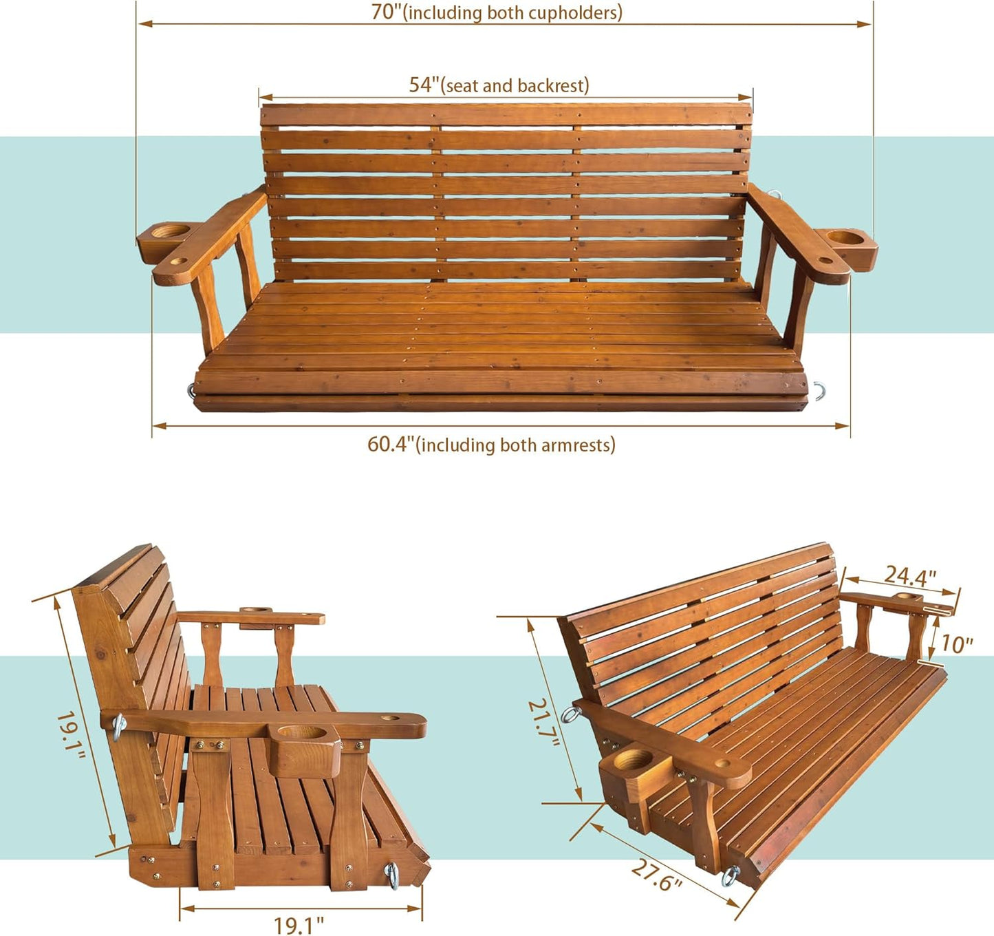 Wooden Porch Swing 2-Seater, Bench Swing with Cupholders, Hanging Chains and 7mm Springs, Heavy Duty 800 LBS, for Outdoor Patio Garden (Warm Teak Color, 5 FT Extra Large)-VerdiqueGarden