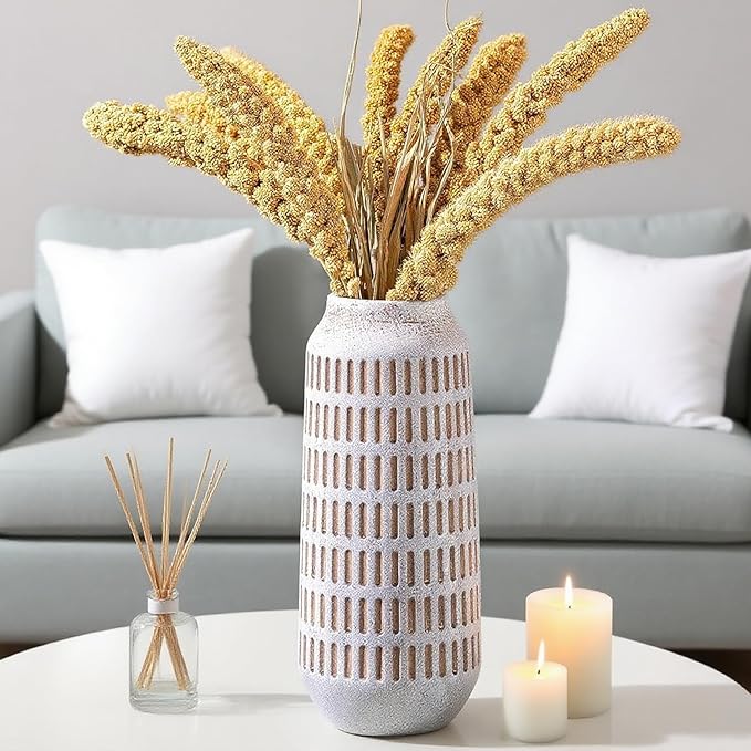 Rustic Ceramic Flower Vase, Terracotta Farmhouse Decorative Vintage Vases, Stone Clay Floral Vase, Concrete Grey Home Decor Vases for Living Room, Entryway, Kitchen, Bedroom, Bathroom Shelf 9.6 Inch-VerdiqueGarden