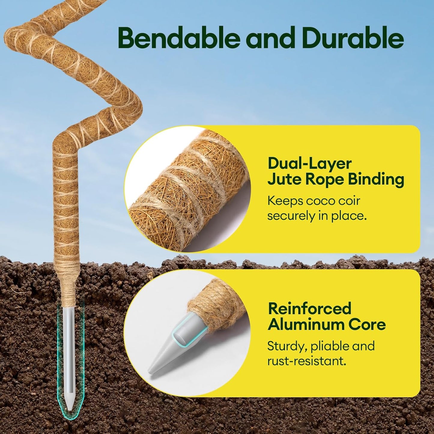 3-Pack 48” Bendable Moss Pole Monstera Plant Support for Climbing Indoors Plants, Coir Moss Poles Moss Sticks Plant Pole DIY, Plant Support Stake for Potted Plants-VerdiqueGarden