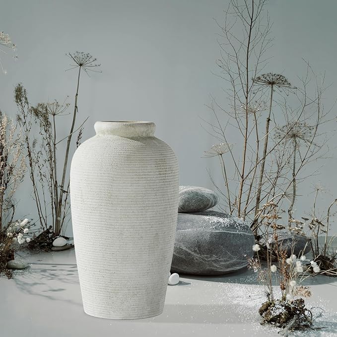 Decorative Ceramic Rustic vase,Tall vase for Minimalist Decoration,11" Large Vintage Vase for Home Decor,Centerpiece,Living Room,Enterway,White-VerdiqueGarden