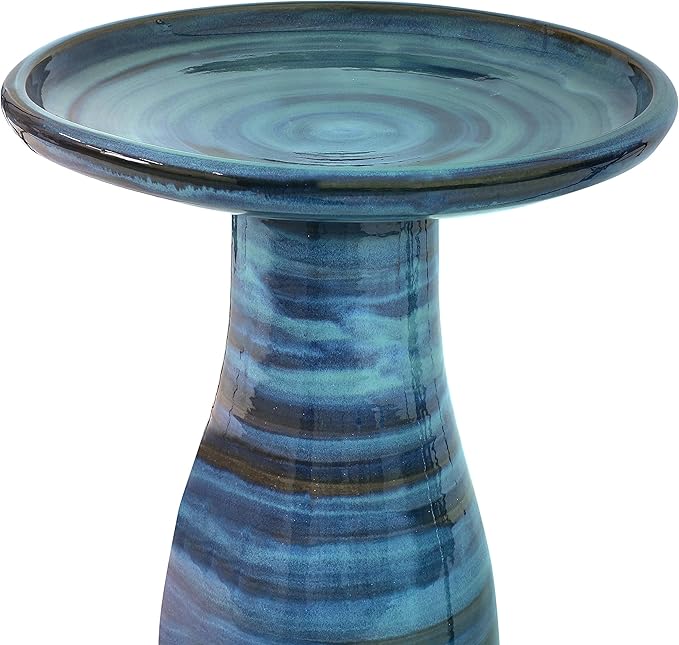 Sunnydaze 21" H Ceramic Bird Bath for Outside - Hand-Painted Outdoor Bird Bath Bowl, UV/Frost-Resistant Finish - Galaxy Blue - Ribbed Pedestal-VerdiqueGarden