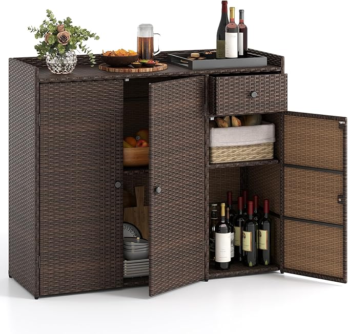 Tangkula Rattan Outdoor Storage Cabinet, Patiojoy Outdoor Cabinet with 4 Adjustable Shelves, 1 Drawer, 3 Doors, Patio Storage Deck Box Table for Patio Garden Poolside (Mix Brown)-VerdiqueGarden