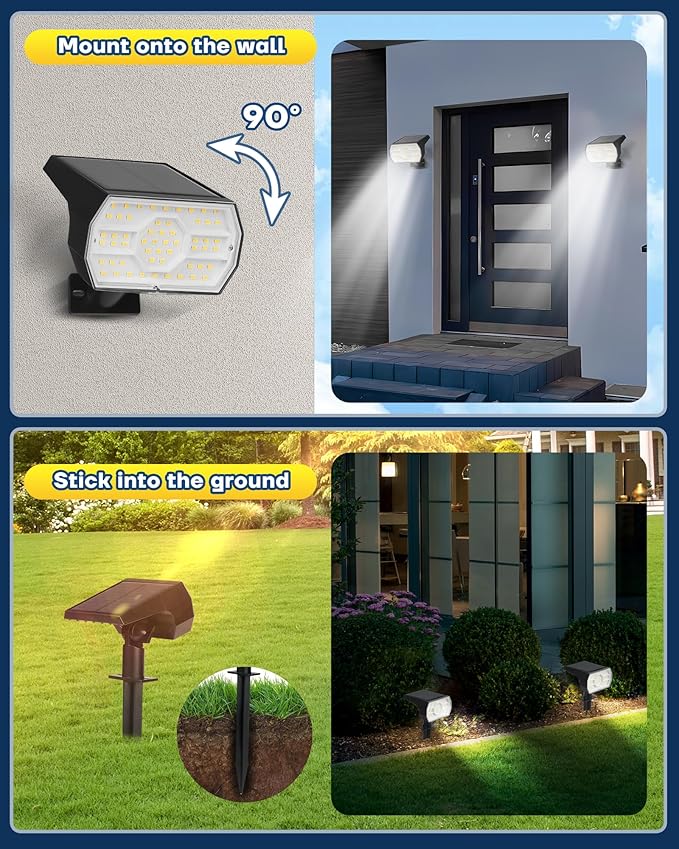 Kaxiida Solar Lights Outdoor Waterproof IP68, 3 Lighting Models Solar Powered Spot Lights Outdoor, 56LED Light Dusk to Dawn for Yard Patio Garden Pathway Landscape Lighting-VerdiqueGarden