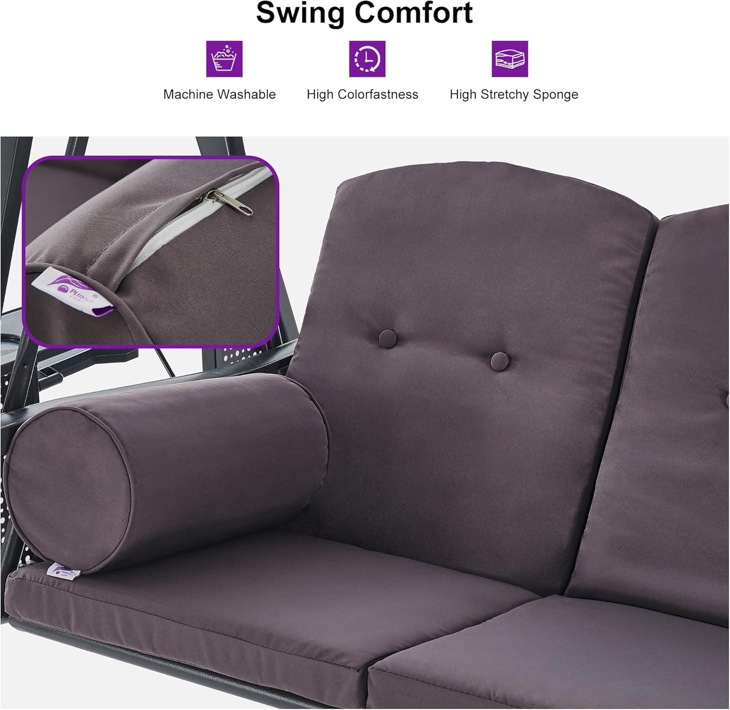 PURPLE LEAF Outdoor Patio Porch Swing with Adjustable PVC Canopy, 3-seat Swing Chair Bench with Side Cup Holder for Backyard Front Porch Lawn, Cushions and Pillow Included, Grey-VerdiqueGarden