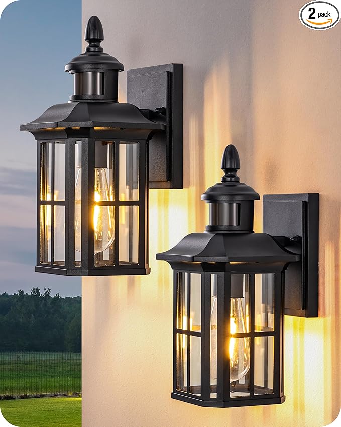 EDISHINE 2 Pack Motion Sensor Outdoor Wall Lights, Dusk to Dawn Exterior Lighting Fixture, Modern Porch Light Wall Mount, Clear Water Glass, Anti-Rust Aluminum for Front Door Garage, Patio, Black-VerdiqueGarden