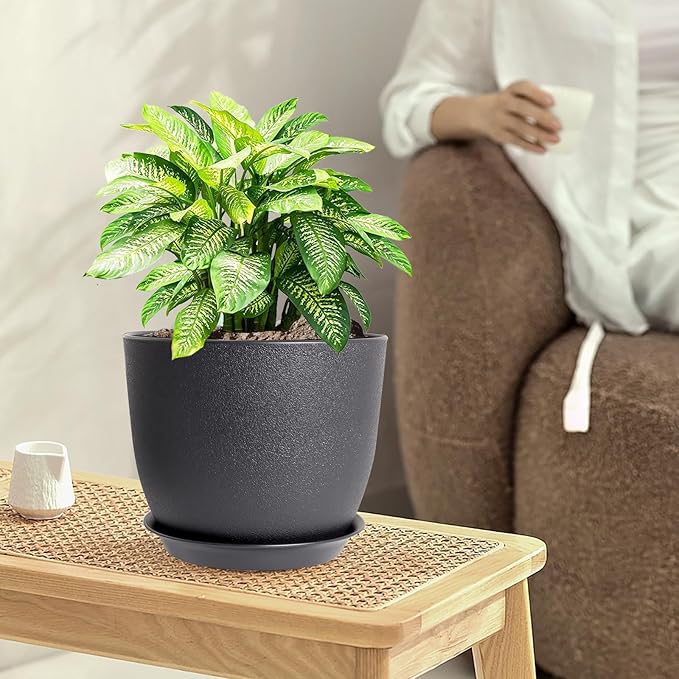 10/9/8 inch Medium Plant Pots, 3 Pack Modern Decorative Plastic Planters with Drainage Holes and Saucers, Flower Pots for Indoor Outdoor Plants, Black-VerdiqueGarden