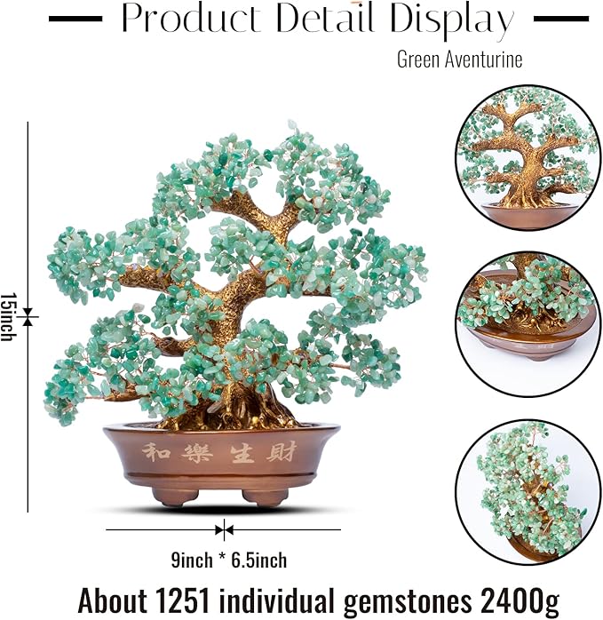 Natural Aventurine (1,251 Gemstone Count) Chakra Crystal Tree with Healing Properties - Home & Office Bonsai Feng Shui Money Tree Decoration for Luck, Success and Intelligence - 14"-VerdiqueGarden