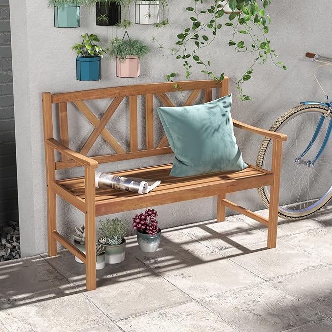 Giantex Patio Garden Bench Loveseat - 2-Person Acacia Wood Bench with Armrest, Backrest, Sturdy Frame, 800lbs Capacity, Outside Park Bench for Patio, Yard, Front Porch, Outdoor Garden Bench, Natural-VerdiqueGarden