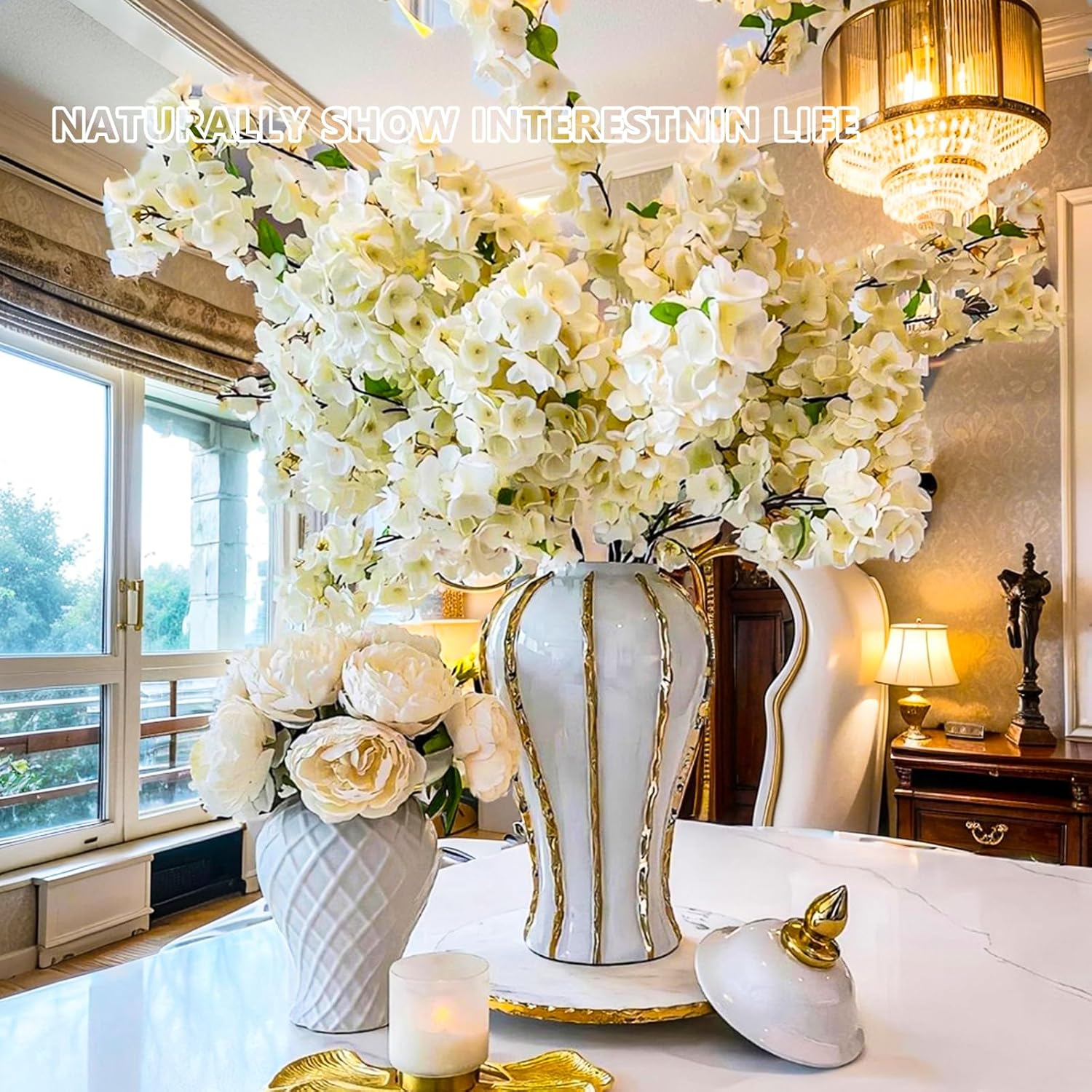 Ginger Jar, White Gold Ceramic Vase Large Handmade Porcelain Vases with Lid, White Gold Decorative Flower Vase for Home, Living Room, Weddings, Centerpieces (14in with Lid)-VerdiqueGarden