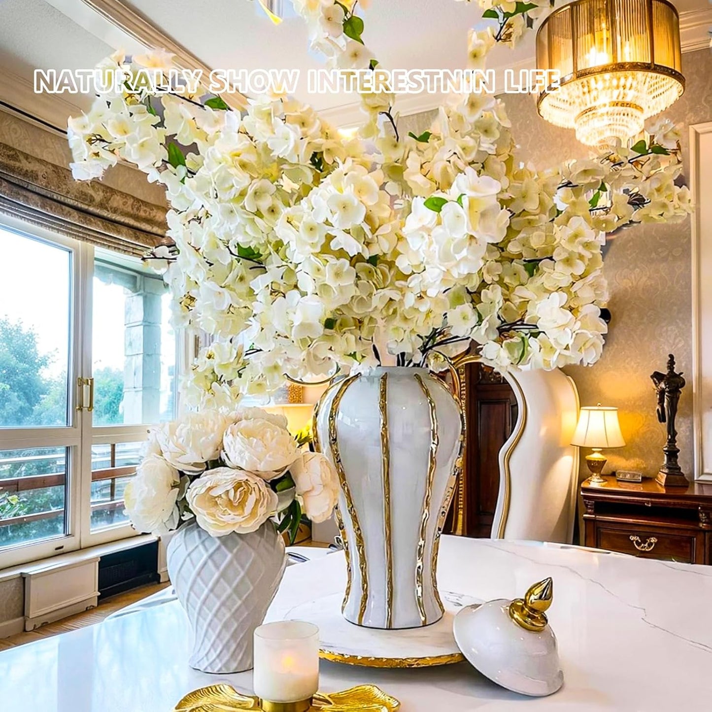 Ginger Jar, White Gold Ceramic Vase Large Handmade Porcelain Vases with Lid, White Gold Decorative Flower Vase for Home, Living Room, Weddings, Centerpieces (18in with Lid)-VerdiqueGarden