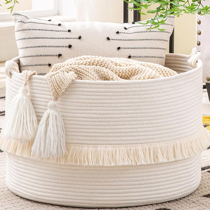 KAKAMAY Large Blanket Basket (20"x13"),Woven Baskets for storage Baby Laundry Hamper, Cotton Rope Blanket Basket for Living Room, Laundry, Nursery, Pillows, Baby Toy chest (White)-VerdiqueGarden