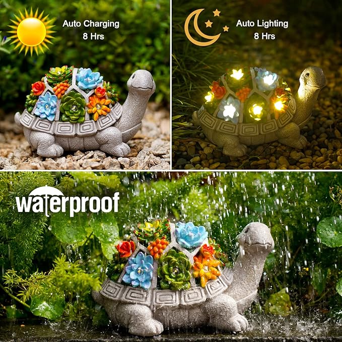 Nacome Solar Garden Outdoor Statues Turtle with Succulent and 7 LED Lights - Lawn Decor Tortoise Statue for Patio, Balcony, Yard Ornament - Unique Housewarming Gifts-VerdiqueGarden