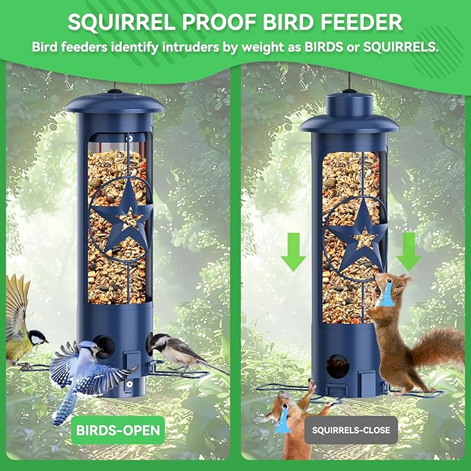Squirrel Proof Bird Feeders for Outdoors Hanging, Metal Squirrel Proof Bird Feeder with Gravity Protection, 3LB Large Capacity Wild Bird Feeders for Outside Finch, Cardinal, Blue Jay (Blue)-VerdiqueGarden