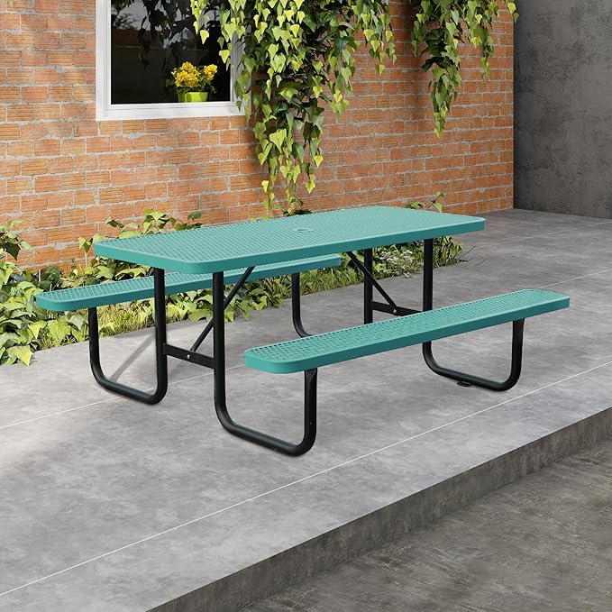 6FT Metal Picnic Tables for Outdoors, Commercial Rectangular Picnic Table and Bench Set for Outside, Patio, Garden, Backyard, Porch, Surface Mount, Green-VerdiqueGarden