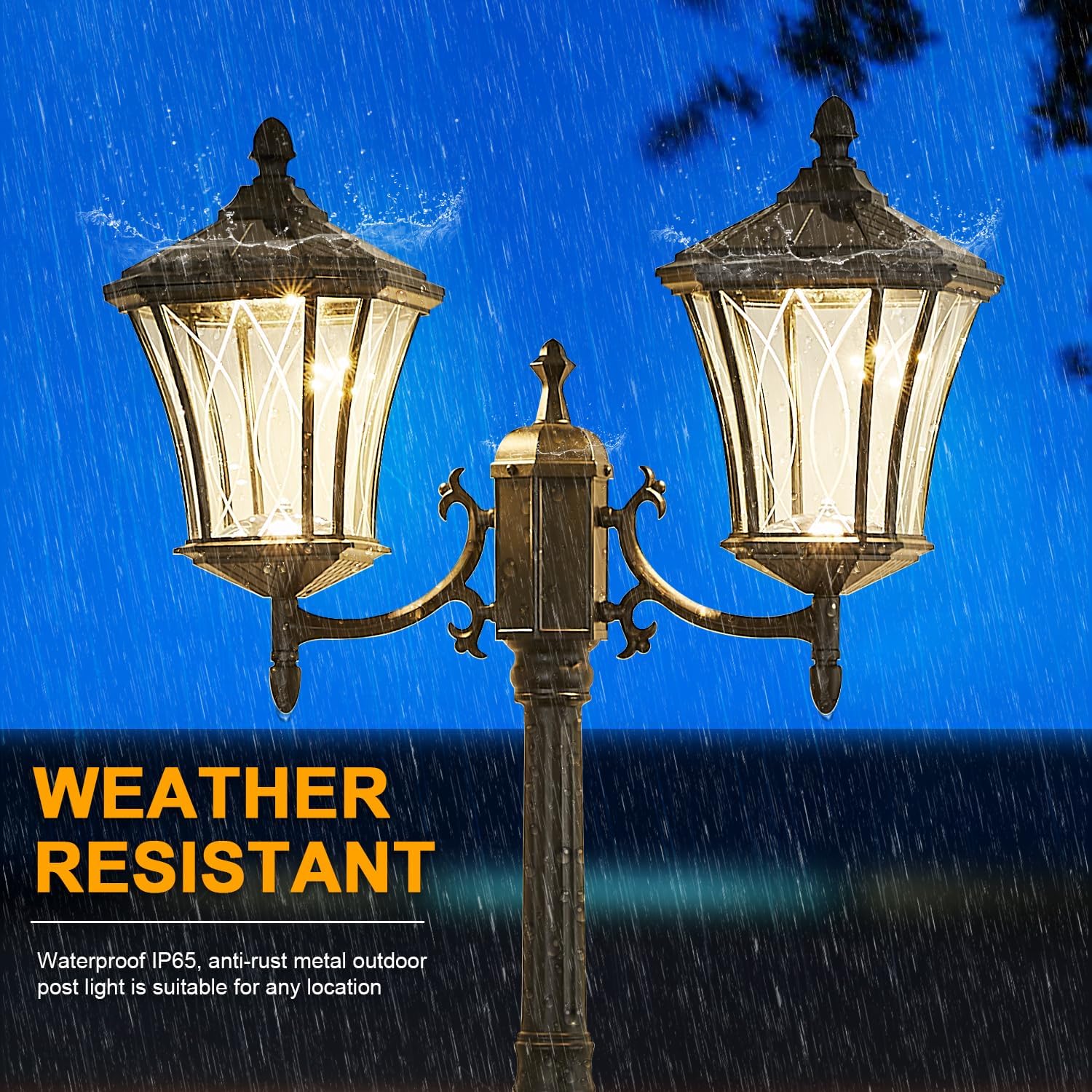 Outdoor Solar Lamp Post Lights with Dusk to Dawn Sensor, Waterproof 2-Head Large Lantern Street Lights, Modern Solar Column Pole Light Fixtures for Outside, Garden, Driveway, Backyard, Black-VerdiqueGarden