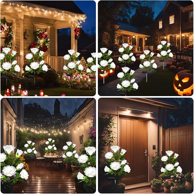 2 Pack Solar Garden Lights Outdoor, 7-Flower Rose LED Stake Light for Yard Patio Pathway Lawn Fence Cemetery, White-VerdiqueGarden