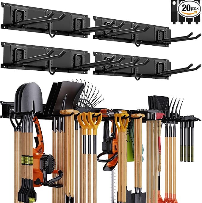 Garage Organizer Wall Mount, 64 Inch Garage Storage Organization, 20PCS Heavy Duty Garden Tool Organizer, Adjustable Tool Storage Rack Hooks, Yard Shed Tool Organizer, Hold Max 900 lbs-VerdiqueGarden