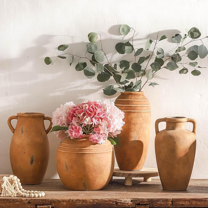 Large Ceramic Flower Vase,11.3 inch Terracotta Vase with 2 Handles, Rustic Farmhouse Vases, Decorative Pottery Flower Vases for Home Decor, Living Room Shelf Decor, Table-VerdiqueGarden