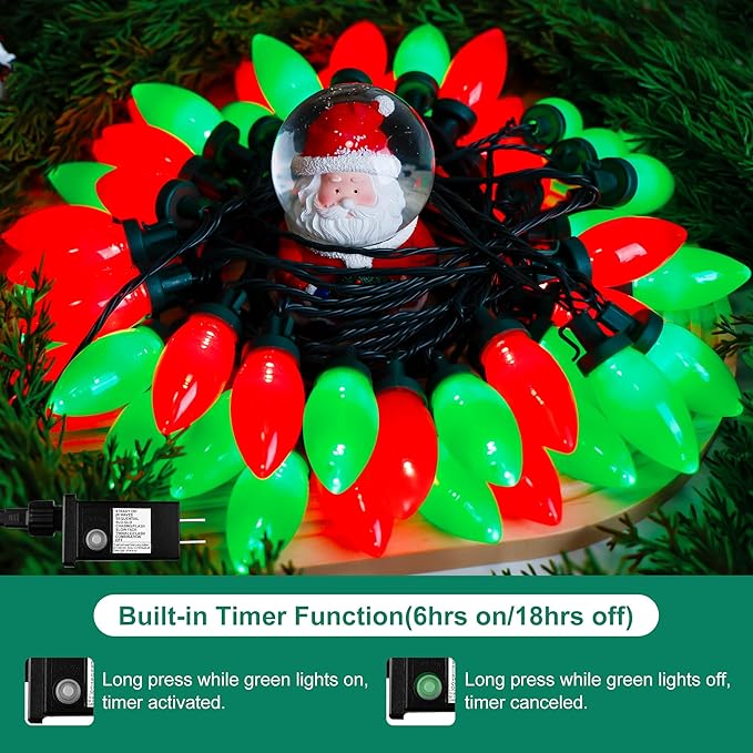 C9 Bulbs Classic Christmas Lights - 50 LED 32ft Strawberry String Light Red&Green - Extendable 8 Modes Funtion with Timer Fairy Lighting for Outdoor, Indoor, Party, Home, Tree Decorations-VerdiqueGarden