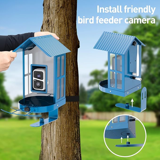Bird Feeder with Camera with AI Identify Species, Wild Bird Watching, 2K Live View, Instant Arrival Alerts with 5W Solar Powered-Soliom BF08 Metal Blue-VerdiqueGarden
