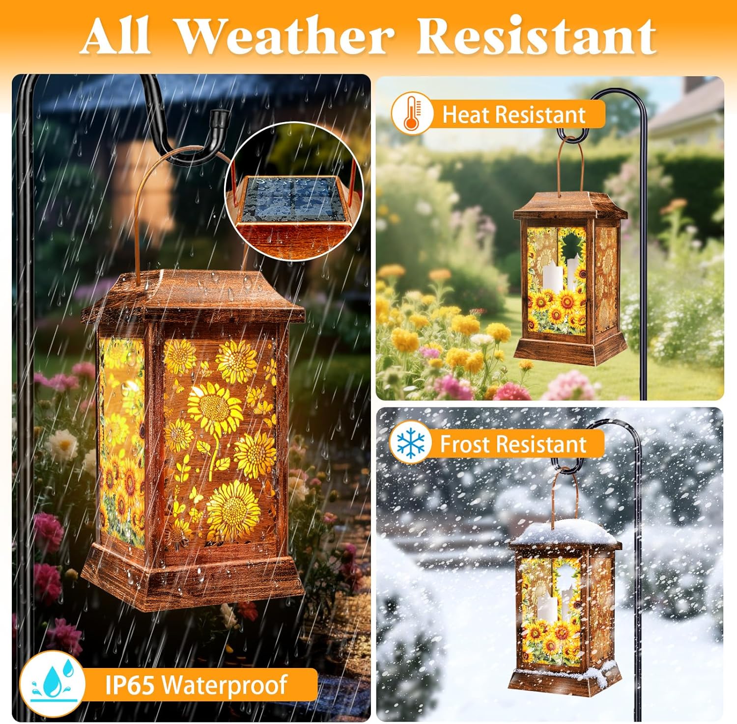 Sunflower Solar Lanterns Outdoor Waterproof, Metal & Glass Hanging Lights Garden Decor, Birthday Gifts for Women Mom Grandma Mothers Day, Decorative Lights for Outside Yard Patio Backyard Porch-VerdiqueGarden