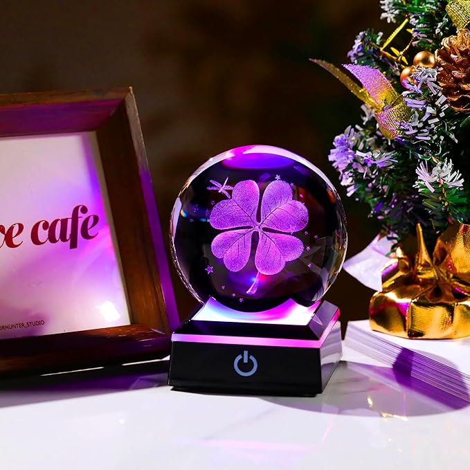 Qianwei 3D Four Leaf Clover 80mm Crystal Ball Good Luck Gifts Ideas with Multicolor Lighting Base - Irish Gifts for Women Decor 4 Leaf Clover-VerdiqueGarden