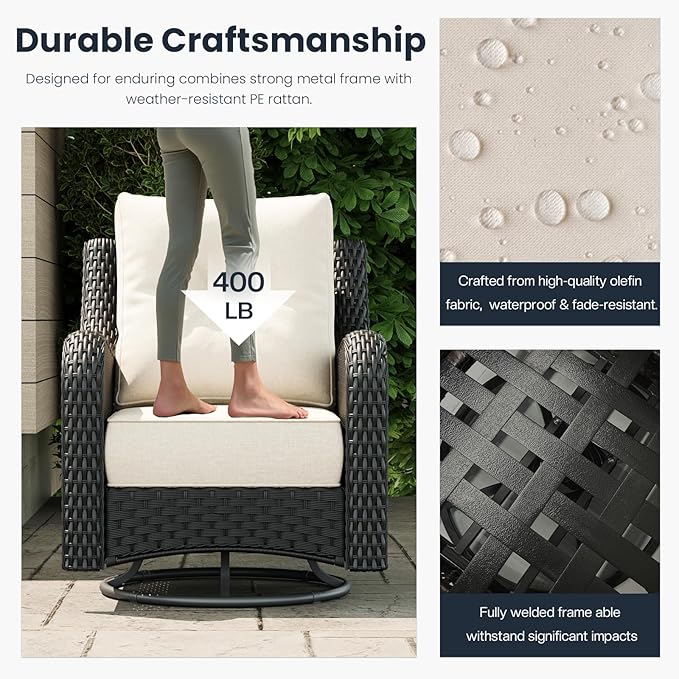 6 Pieces Outdoor Patio Furniture Sets with Rocking Swivel Chairs with 6-inch Thick Cushion and Side Table for Deck Lawn-VerdiqueGarden