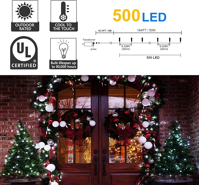 164Ft 500 LED White Christmas Lights, Waterproof 8 Twinkle with Memory Functions Christmas Tree Lights for Indoor Outdoor Christmas Tree Garden Decoration (164FT, White)-VerdiqueGarden