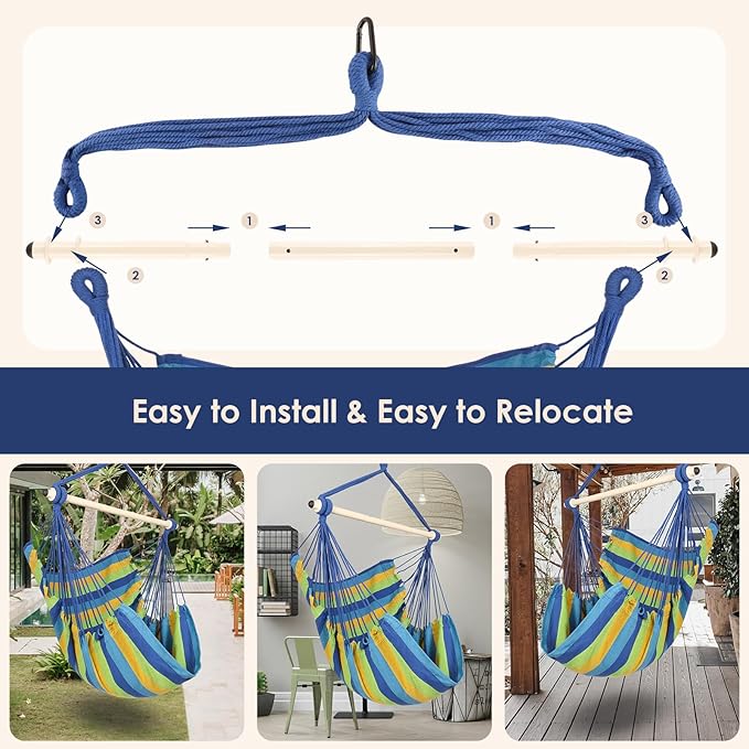 Highwild Hammock Chair Hanging Rope Swing - Max 500 Lbs - Steel Spreader Bar with Anti-Slip Rings - for Any Indoor or Outdoor Spaces (Blue Striped)-VerdiqueGarden