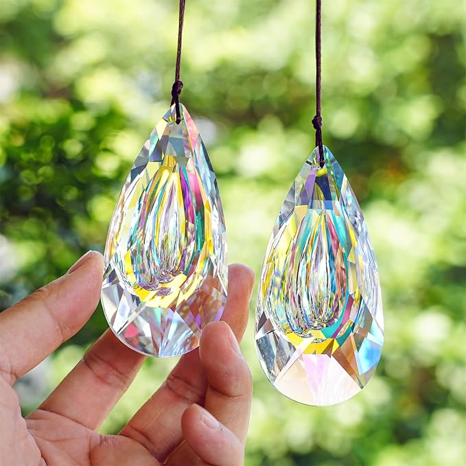 HDCRYSTALGIFTS Set 2,89mm/3.5in Crystals Prisms Suncatcher for Window Hanging Indoor Chandelier Parts Rainbow Maker for Home Garden Decor (AB Colored)-VerdiqueGarden