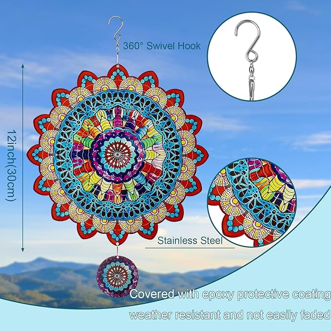 TUOKING Mandala Wind Spinners Outdoor Metal 3D Hanging Art Wind Spinner 12 Inch Stainless Steel for Yard and Garden Decoration Worth Gift for Women-VerdiqueGarden