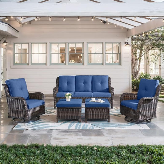 5 Piece Outdoor Patio Furniture Set - Wicker Furniture Patio Conversation Set, Outdoor Swivel Rocker Chairs with 3-Seater Sofa and 2 Ottomans for Small Space, Blue Cushion-VerdiqueGarden