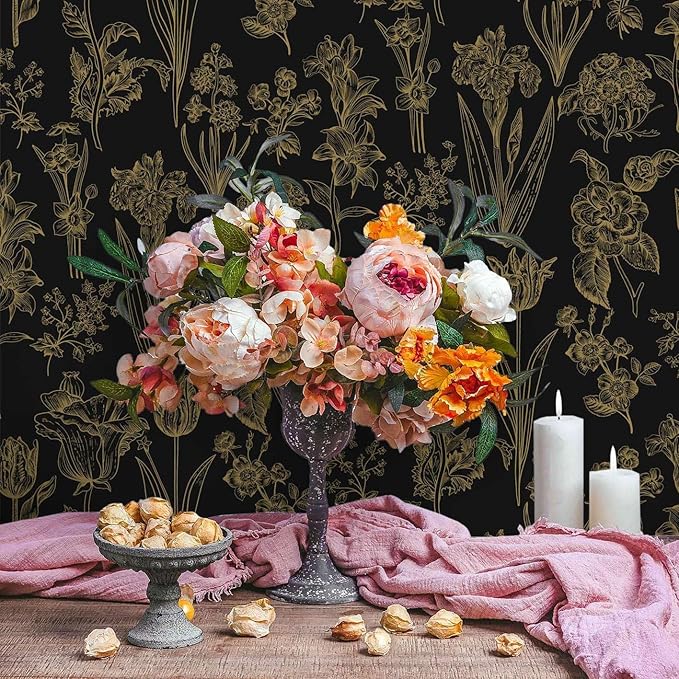 Dimoon 236"x17.3" Floral Wallpaper Peel and Stick Flowers Golden Black Contact Paper Thicken Waterproof Modern Self Adhesive Plants Wallpaper Removable Wall Paper Shelf Vinyl Roll-VerdiqueGarden