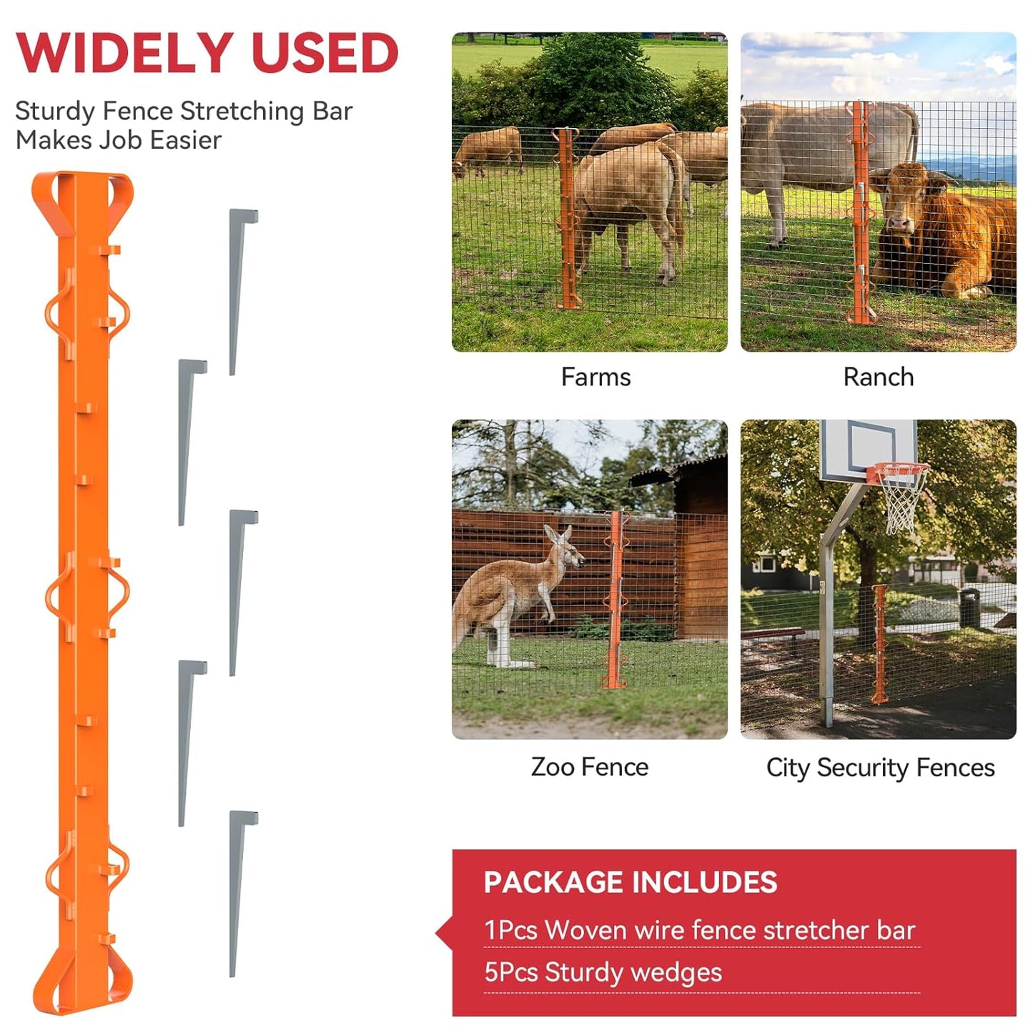 4ft Woven Wire Fence Stretcher Bar with 5 Wedges Heavy Duty Wire Stretcher Fence Tool for Farms, Ranches, Garden Barriers, Yard (Orange)-VerdiqueGarden