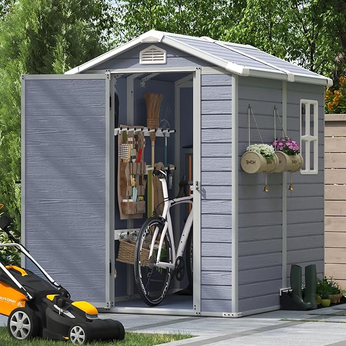 Aoxun 4'x6' Resin Outdoor Storage Shed Utility Tool Shed Storage House, Multi-Purpose Utility Tool House Applicable for Bike, Clutter Storage for Backyard, Patio - Gray-VerdiqueGarden