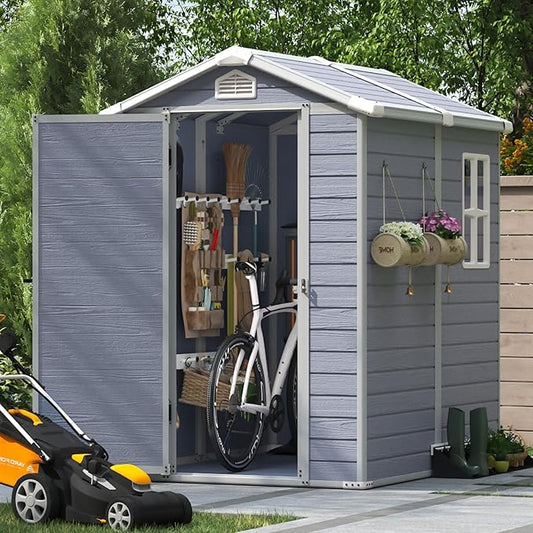 Aoxun 4'x6' Resin Outdoor Storage Shed Utility Tool Shed Storage House, Multi-Purpose Utility Tool House Applicable for Bike, Clutter Storage for Backyard, Patio - Gray-VerdiqueGarden