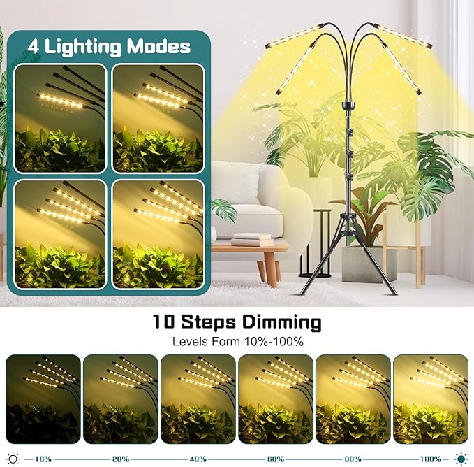 Grow Lights for Indoor Plants Full Spectrum with 15-63 inches Adjustable Tripod Stand Plant Light with 4/8/12H Timer with Remote Control-VerdiqueGarden
