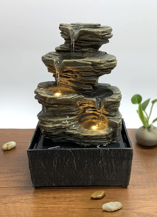 Nature's Mark Cascading Rock Tabletop Water Fountain with Natural River Rocks and LED Lights 9" Height (Power Cord Attached)-VerdiqueGarden