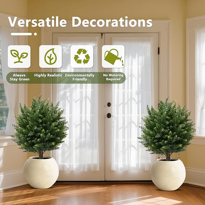 28" UV Resistant Artificial Shrubs for Outdoors - Real Looking Faux Bushes, Fake Cedar Trees, Outdoor Faux Ball Plants & Topiaries - Set of 2 Artificial Shrubs, Artificial Bushes for Garden Decor-VerdiqueGarden
