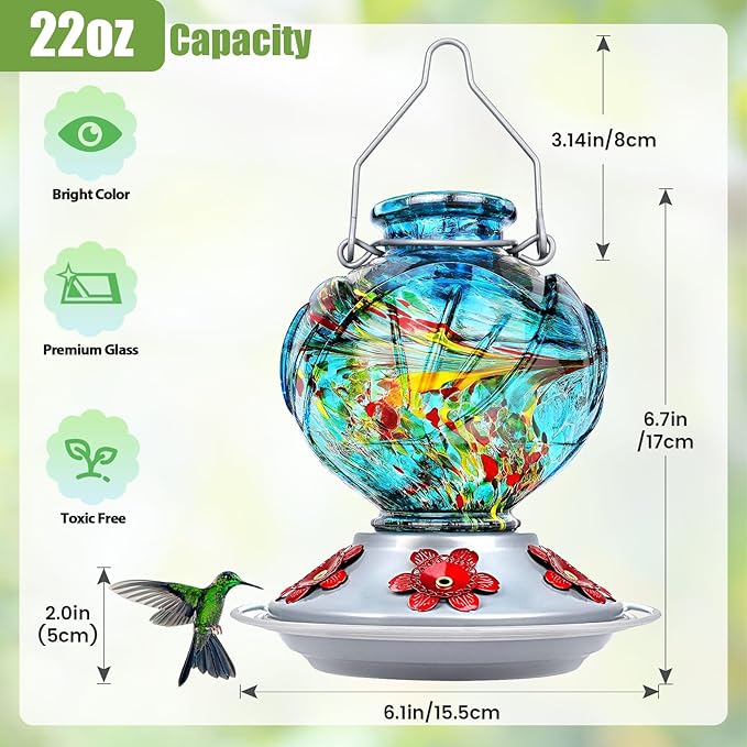 BOLITE Hummingbird Feeder, Hand Blown Glass Hummingbird Feeders for Outdoors Hanging, with Ant Moat and 5 Feeding Ports, 22 Ounces, Peony Flower Shape, Blue, Gifts for Women Men, Gifts for Mom Dad-VerdiqueGarden