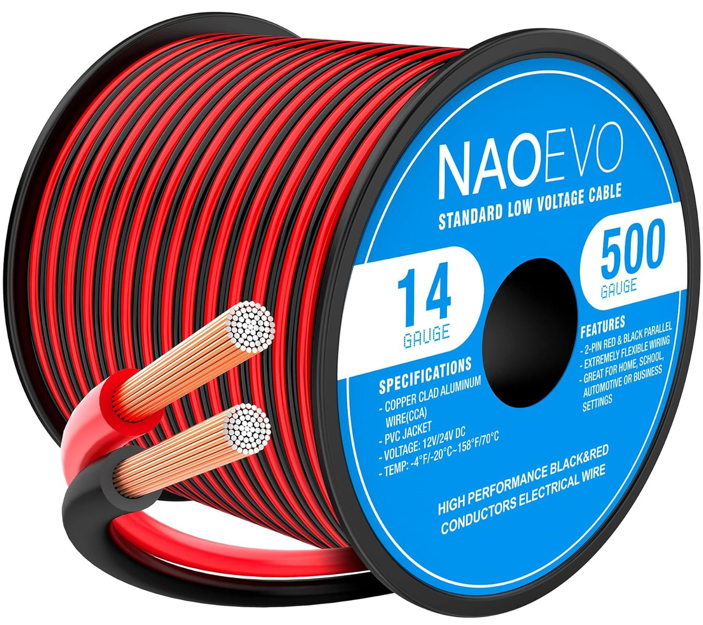 NAOEVO 14 Gauge Wire 500FT, 2 Conductors Electrical Wire Red Black Cable, Flexible/Low Voltage/PVC 14 AWG Copper Clad Aluminum Extension Cord for Speaker, LED Strips, Automotive 12V/24V DC-VerdiqueGarden