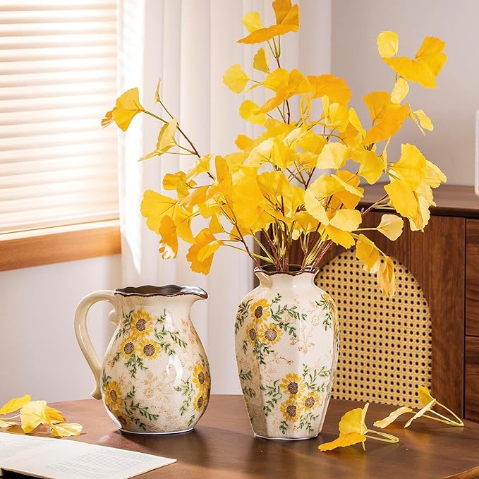 Hand-Painted Sunflower Vintage Ceramic Octagonal Vase, Green Yellow Beige Flower Vases for Bouquet, Fireplace Mantle, Table Centerpieces, Bookshelf, Office, Chinoiserie Floral Home Decorations 9.1 in-VerdiqueGarden