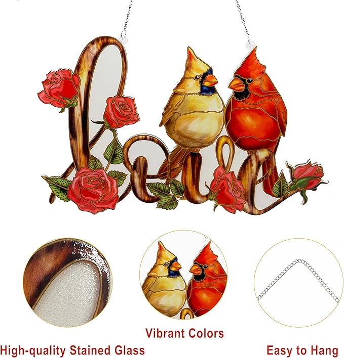 Love with Red Cardinal Suncatcher Red Bird Stained Glass Suncatchers Window Hanging Ornament for Home Decor for Valentine's Day Mother's Day Women Mom Birds Lovers Friends (Love)-VerdiqueGarden