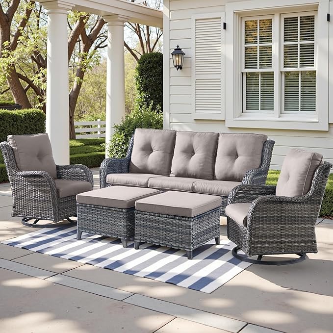 Outdoor Wicker Patio Furniture Set - 5 Piece Rattan Patio Conversation Set with 2 Rocking Swivel Chairs,2 Ottomans and 1 Sofa for Porch Deck Backyard Garden(Mixed Grey/Grey)-VerdiqueGarden