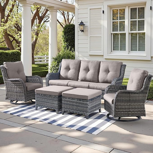 Outdoor Wicker Patio Furniture Set - 5 Piece Rattan Patio Conversation Set with 2 Rocking Swivel Chairs,2 Ottomans and 1 Sofa for Porch Deck Backyard Garden(Mixed Grey/Grey)-VerdiqueGarden