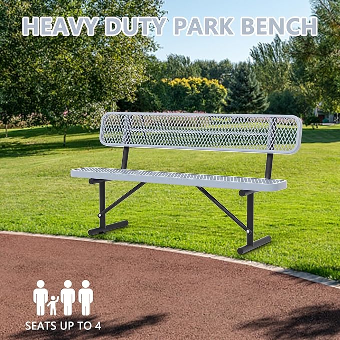 Heavy Duty Park Bench with Back Portable Frame, Outdoor Steel Bench with Backrest, Outdoor Park Bench Expanded Metal Mesh Bench for Lawn, Park, Deck, Garden, Patio, Porch, Black (Gray, 8FT)-VerdiqueGarden