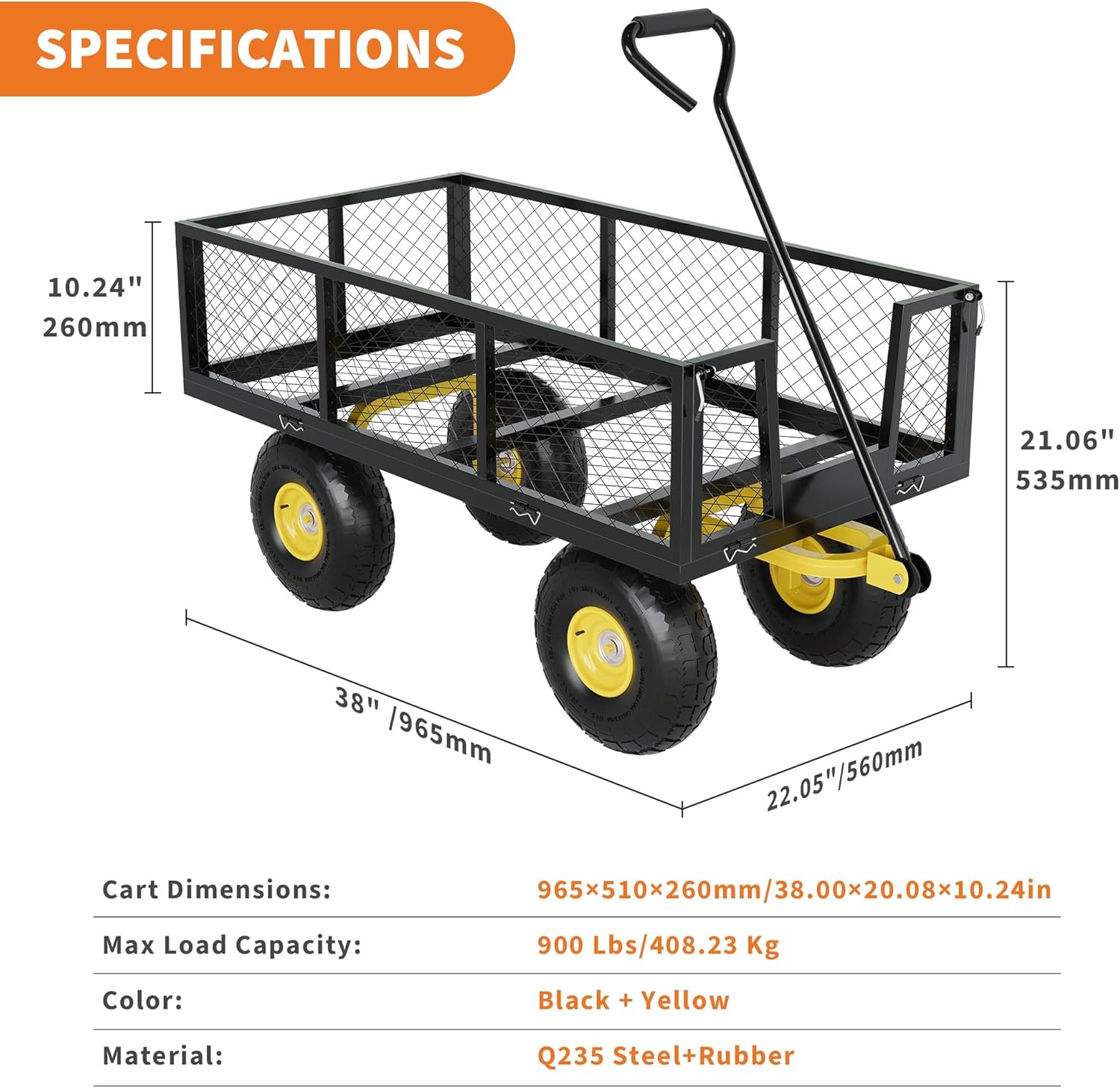 900 Lbs Garden Wagon, 2-in-1 Heavy-Duty Steel Garden Cart, with 10 Inch All-Terrain Tires and Removable Mesh Side Panels, 180° Rotating Handle, Metal Utility Yard Trailer, Outdoor Gardens Wagon Cart-VerdiqueGarden
